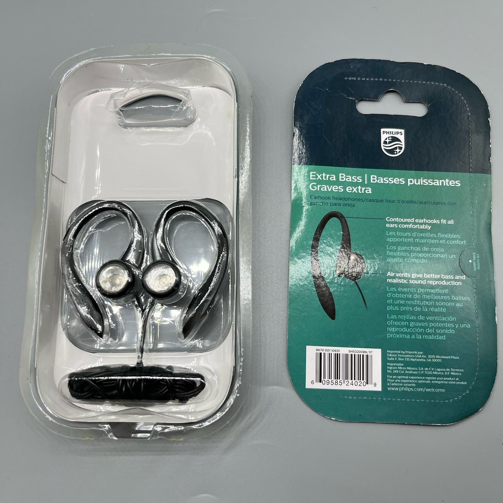 Philips SHS3200BK 37 Flexible Earhook Headphones (Black) Extra Bass NEW Open Box