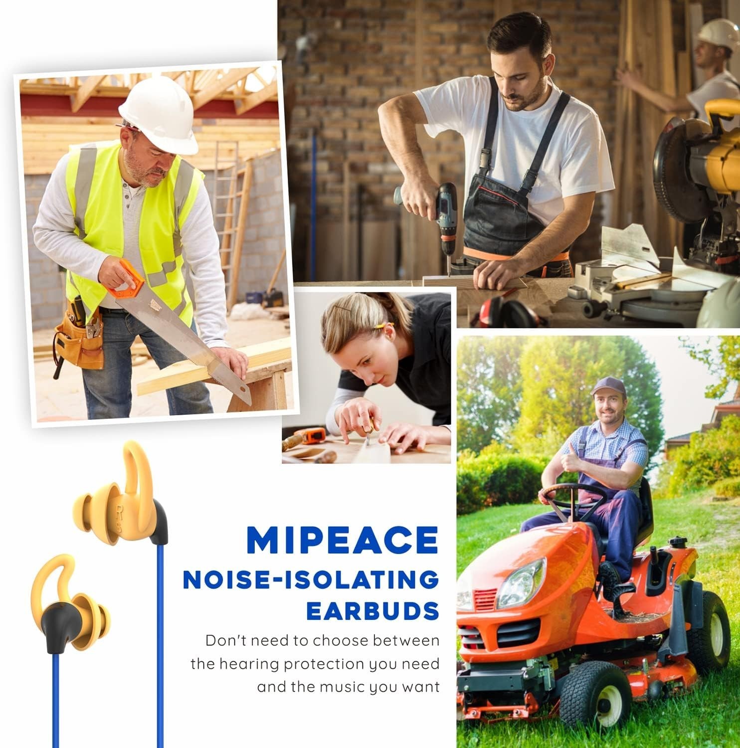 MIPEACE Ear Plug Headphones for Work, Custom-fit Large and small, Blue Orange