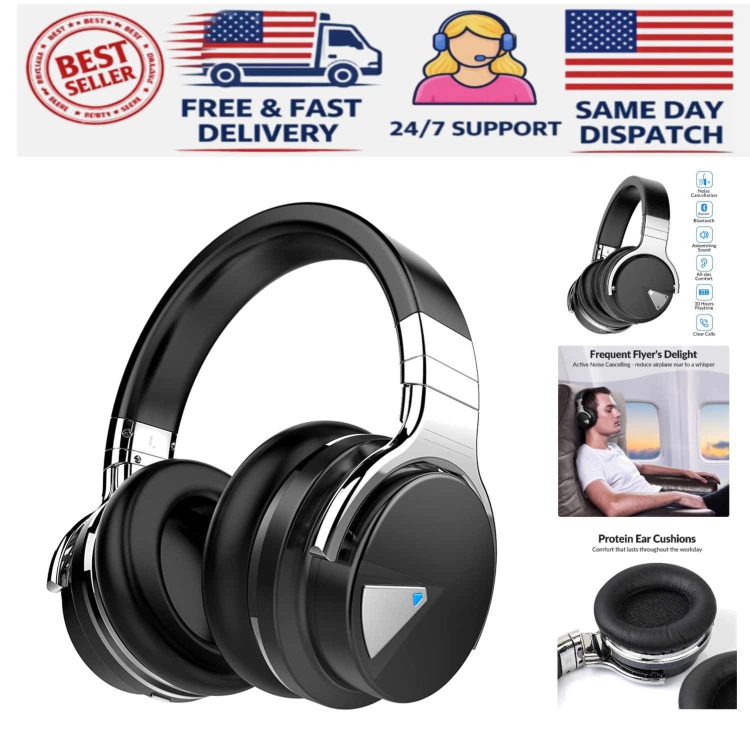 Wireless E7 Headphones with Deep Bass & Microphone – 30 Hour Playtime, Black