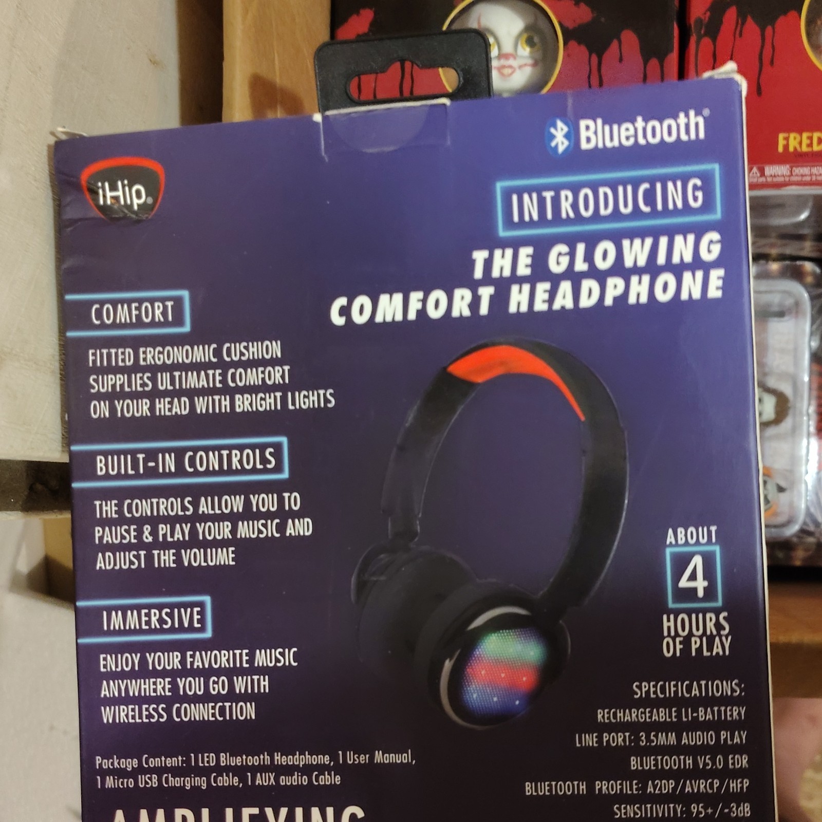 iHip Light Up Wireless Headphones Bluetooth LED Built-In Mic Black w/3.5mm