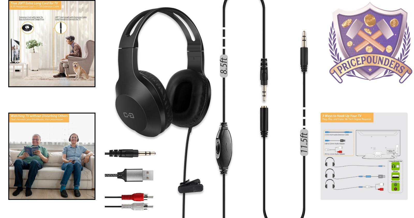 20Ft Long Wired TV Headphones Over Ear Sound Isolation Volume Control