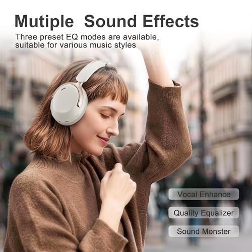 Q30 Bluetooth Headphones Over Ear,60H Playtime & 3 EQ Music Beige White