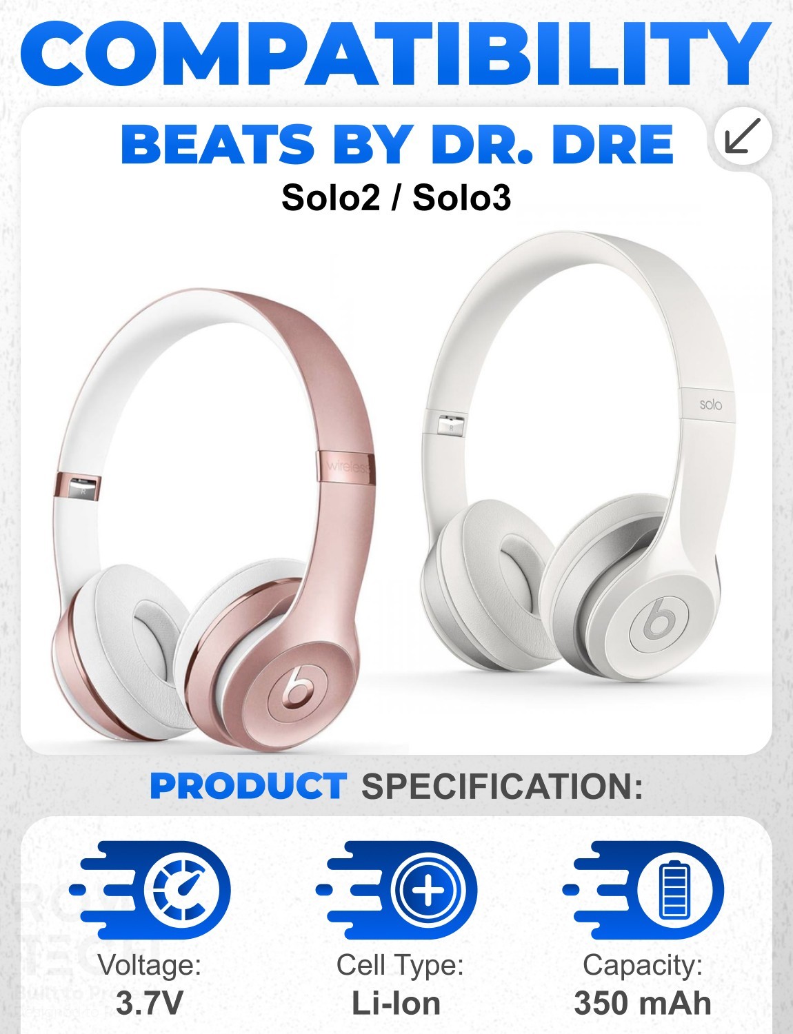 for Wireless Beats by Dr.Dre Solo 2,3 Lithium Polymer Battery 3.7V 350 mAh 1Pack