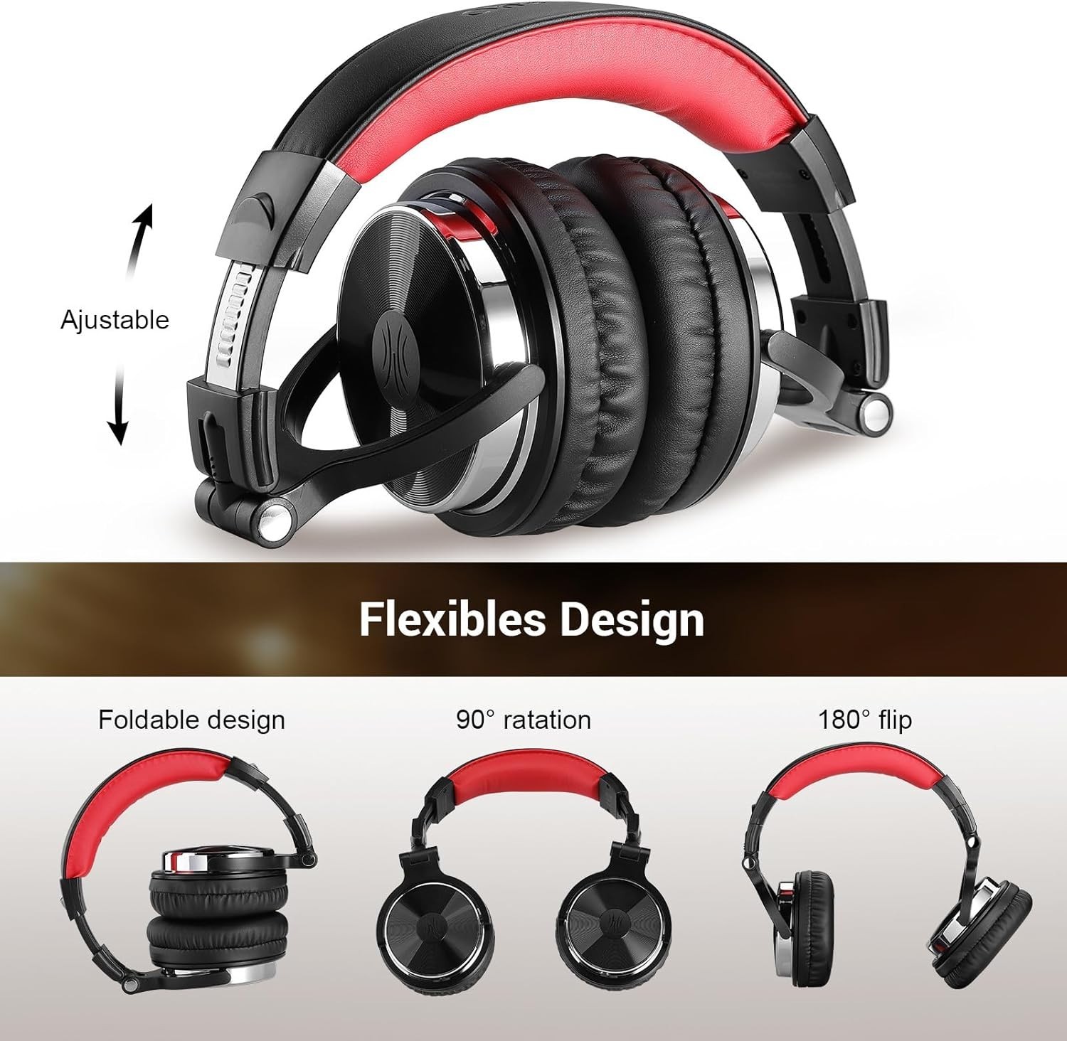 Dynamic Bass Studio Headphones for Music Production – 50mm Drivers – Red