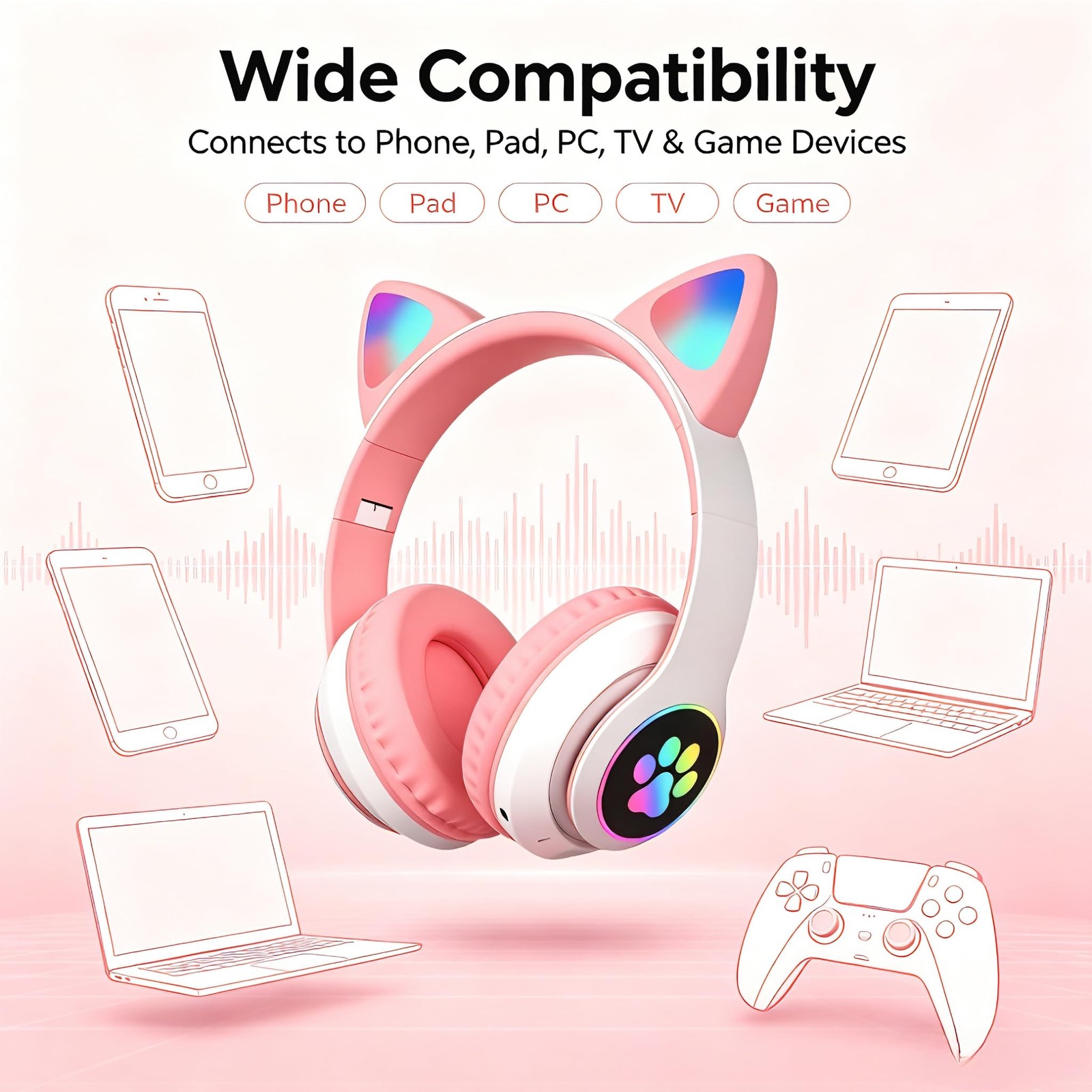 Cat Ear Bluetooth Headphones for Kids & Adults, Wireless Foldable & Wired Mul…