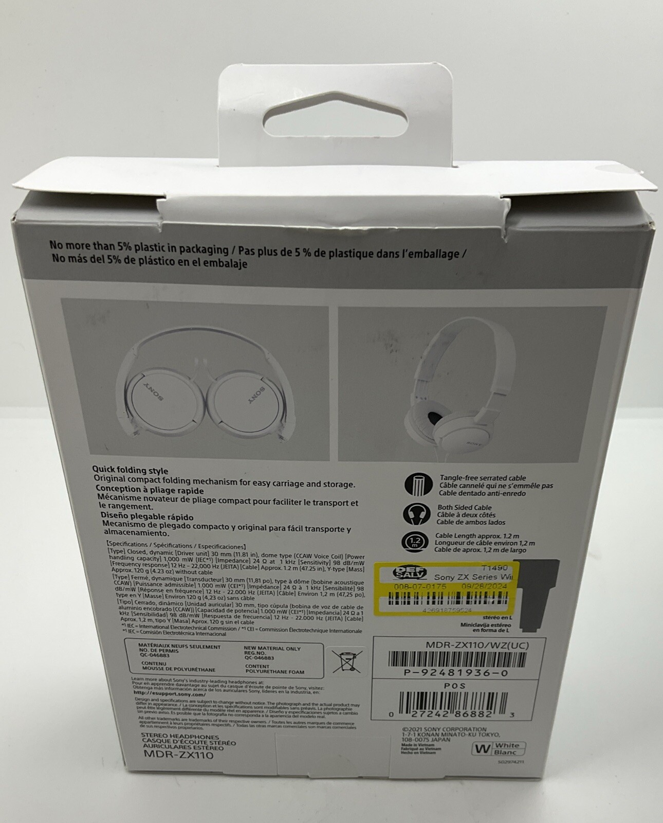 Sony ZX Series Wired On-Ear Headphones, White MDR-ZX110 Airplane Headphones