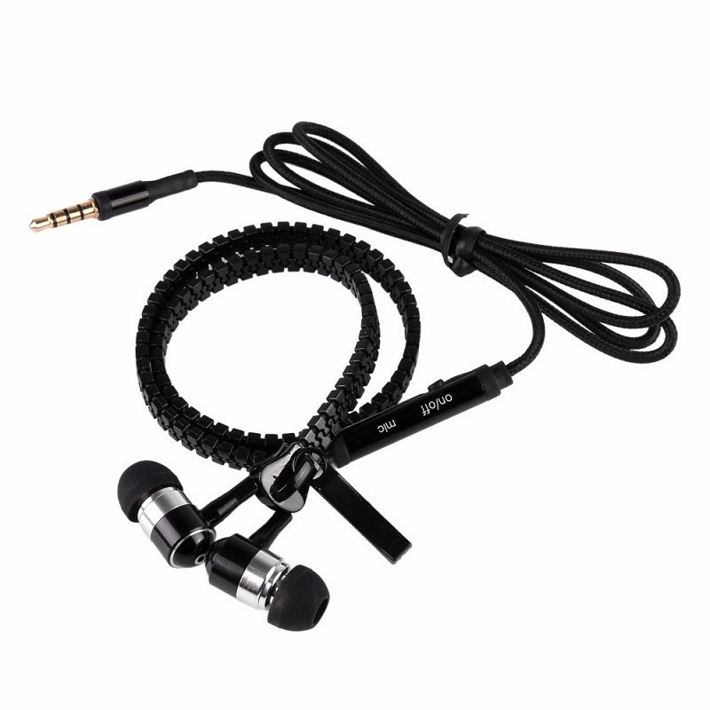 (5 PACK) Zipper In-Ear Stereo Earbuds Headphone Earphone Headset With Mic BLACK