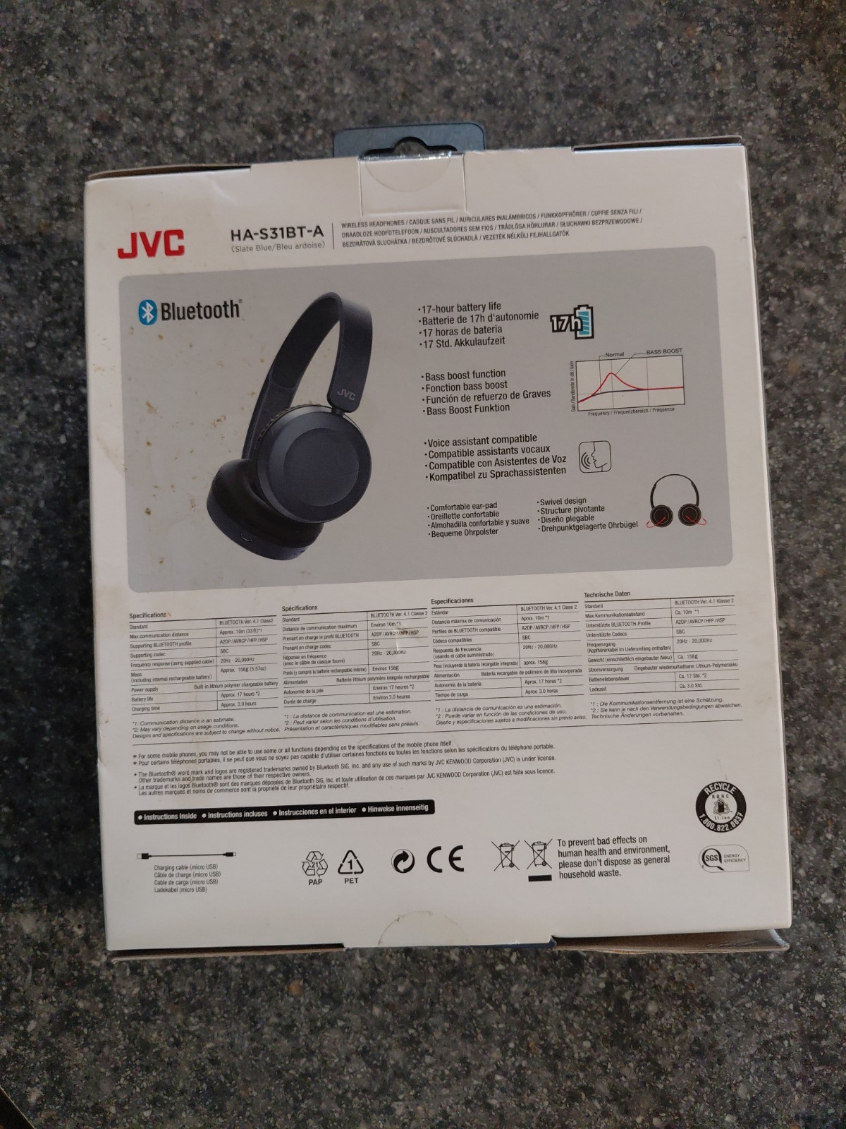 JVC HA-S31BT Slate BLUE Deep Bass Wireless on-ear Headphones Original /Brand New