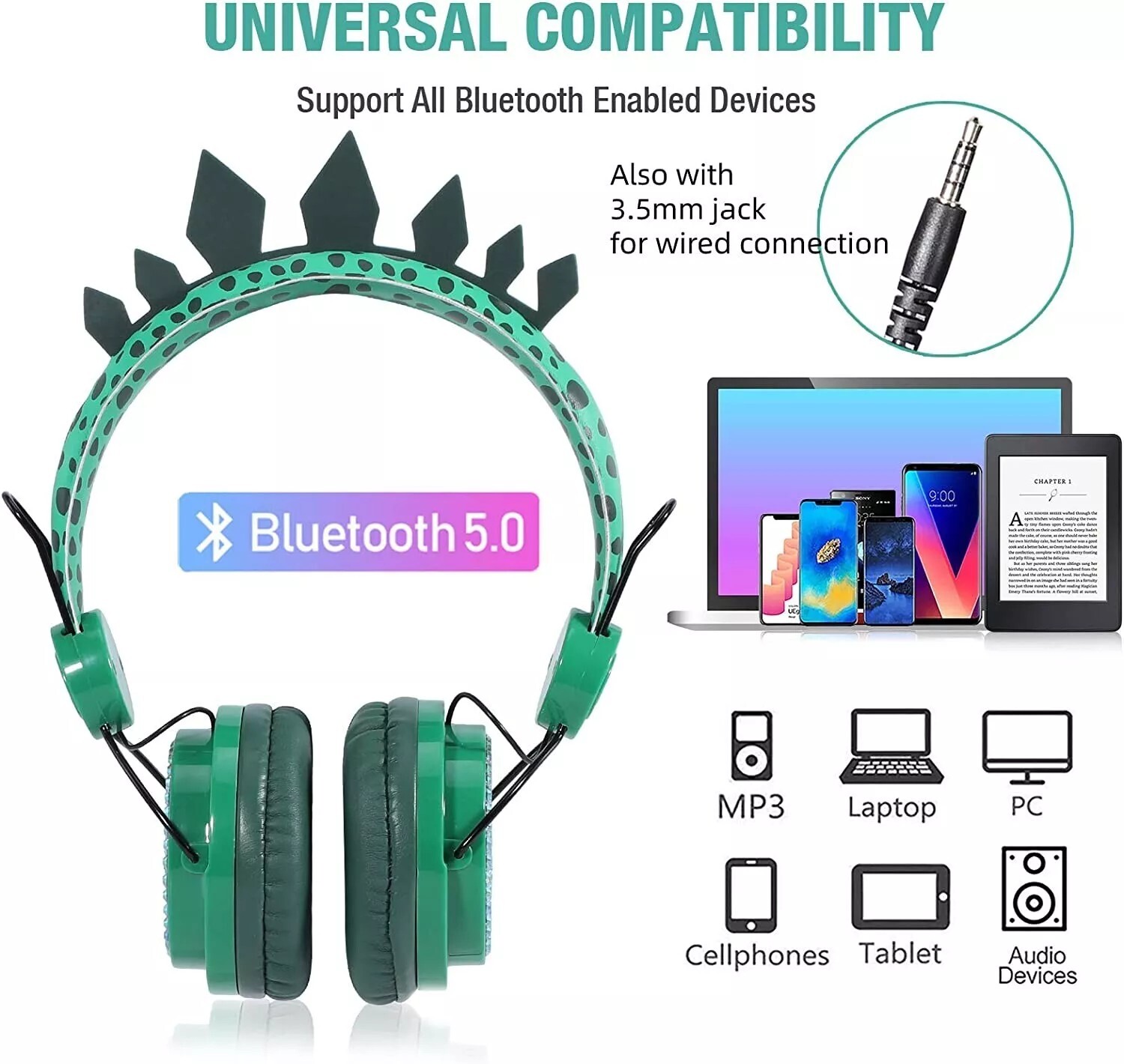 Dinosaur Wireless Headphones for Kids, Bluetooth Over Ear Gaming Headset w/ Mic