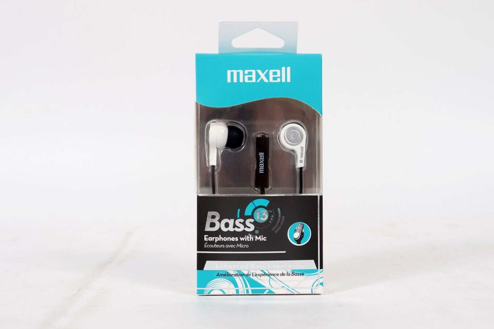 (LOT OF 2) Maxell 199725 B-13W Earbuds Mic White Heavy Bass Noise Isolating