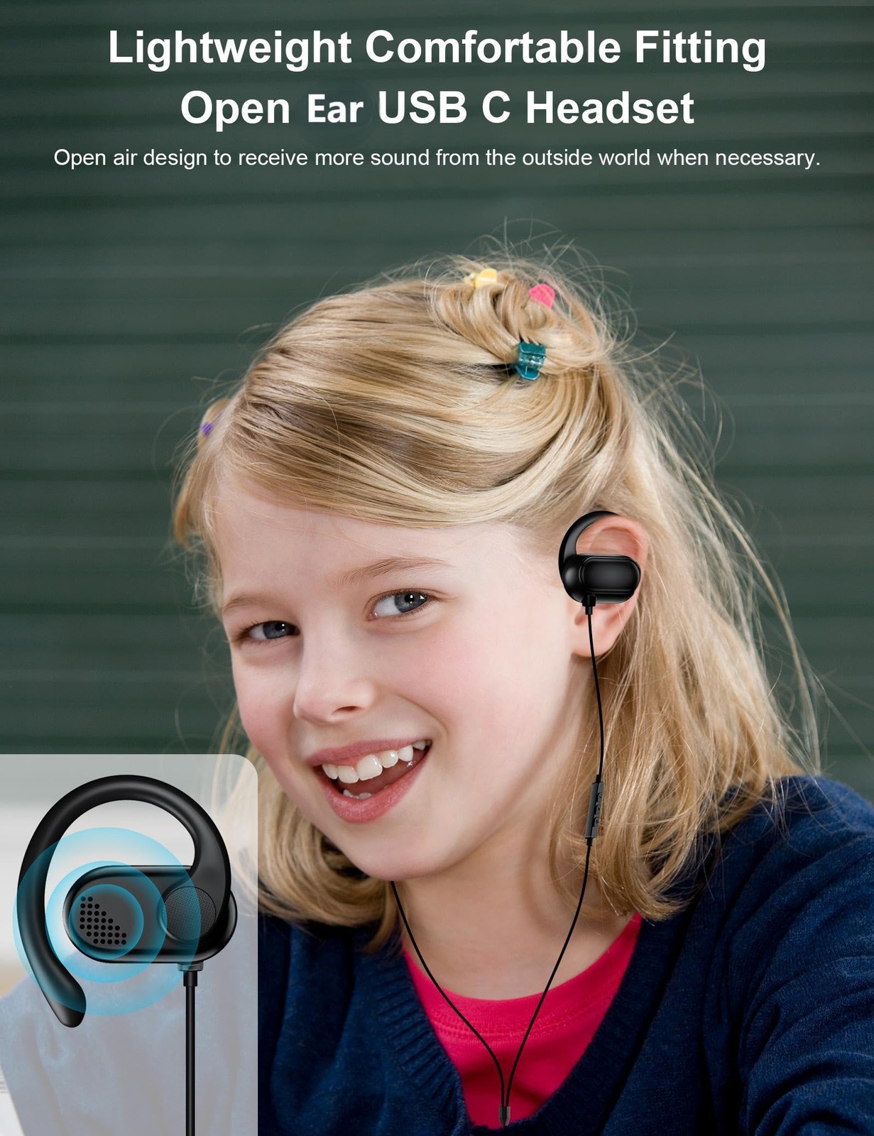 Topaux Usb Type C Headphone Open Ear Adjustable Over Ear Hook Headset School