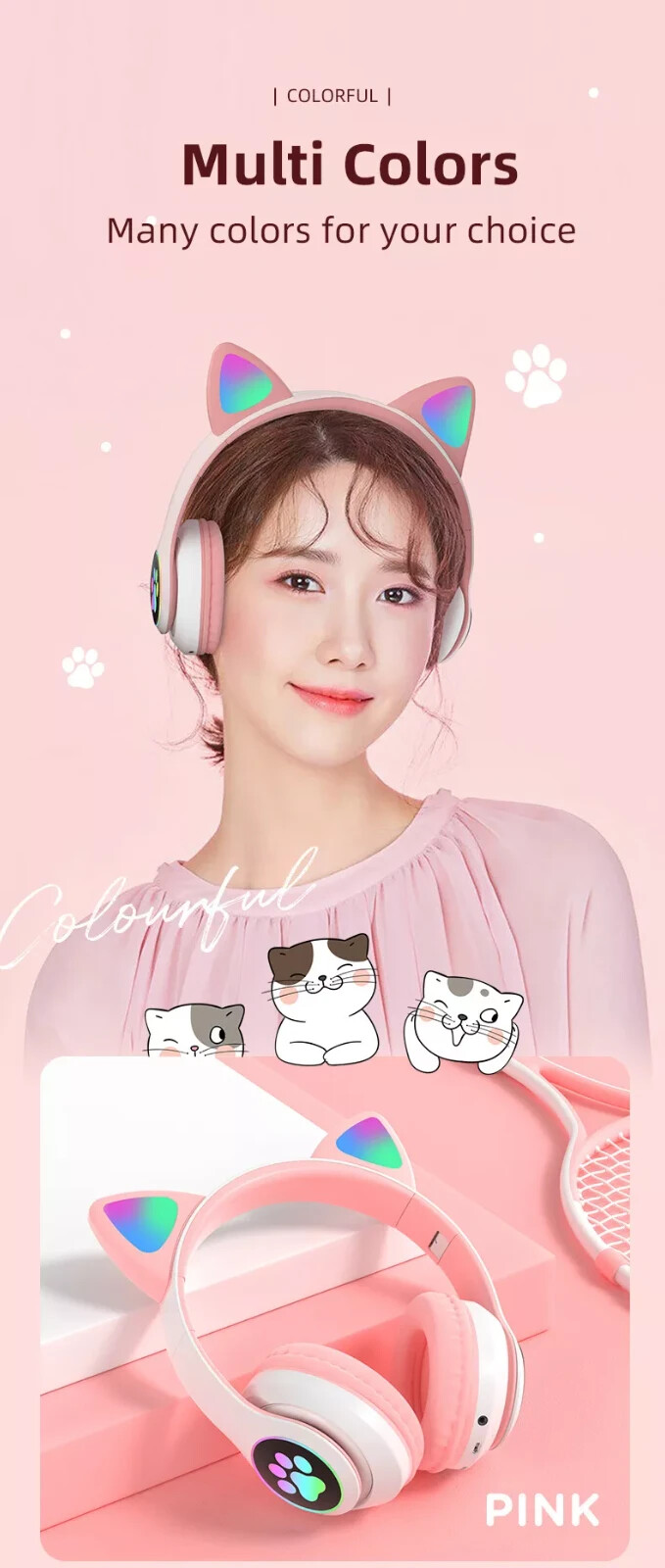 AKS-28 Wireless Over-Ear Headset with Cute Pink Cat Ear Design -Great for Girls
