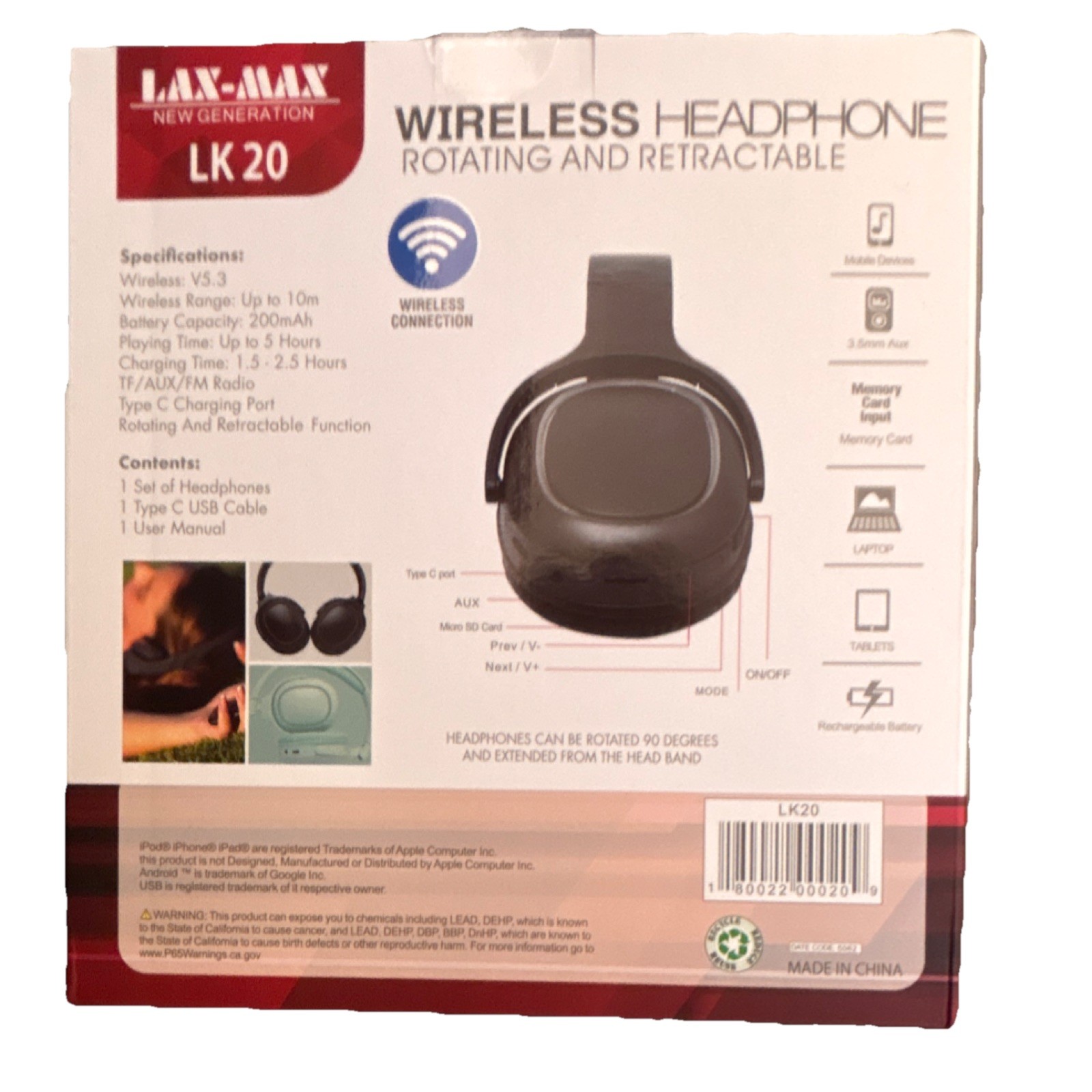 LAX-MAX LK 20 Wireless Bluetooth Headphones Rotating Retractable RGB Black