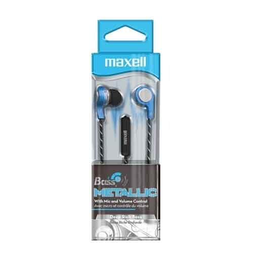 Maxell Bass13 Metallic Earbuds In-Ear Headphones w/Mic Volume Control Blue Music