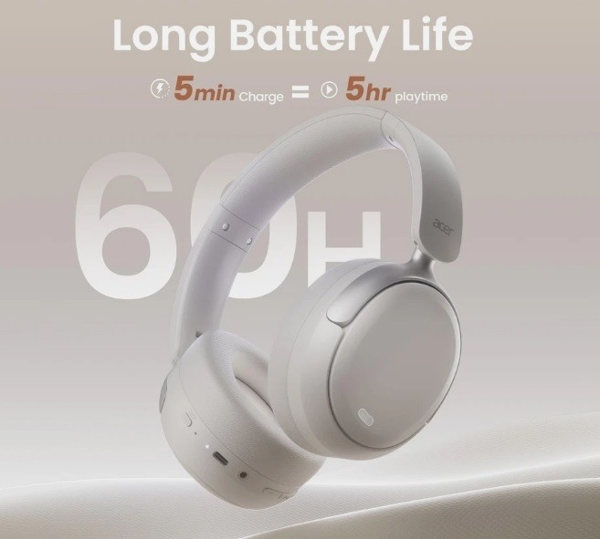 Acer OHR516 ANC Wireless Bluetooth 5.4 Headphones 48dB ANC Headsets 40mm White