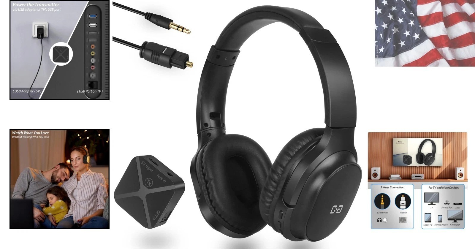 Wireless Headphones for TV, with 2.4G Transmitter, Optical & 3.5mm Input | He…