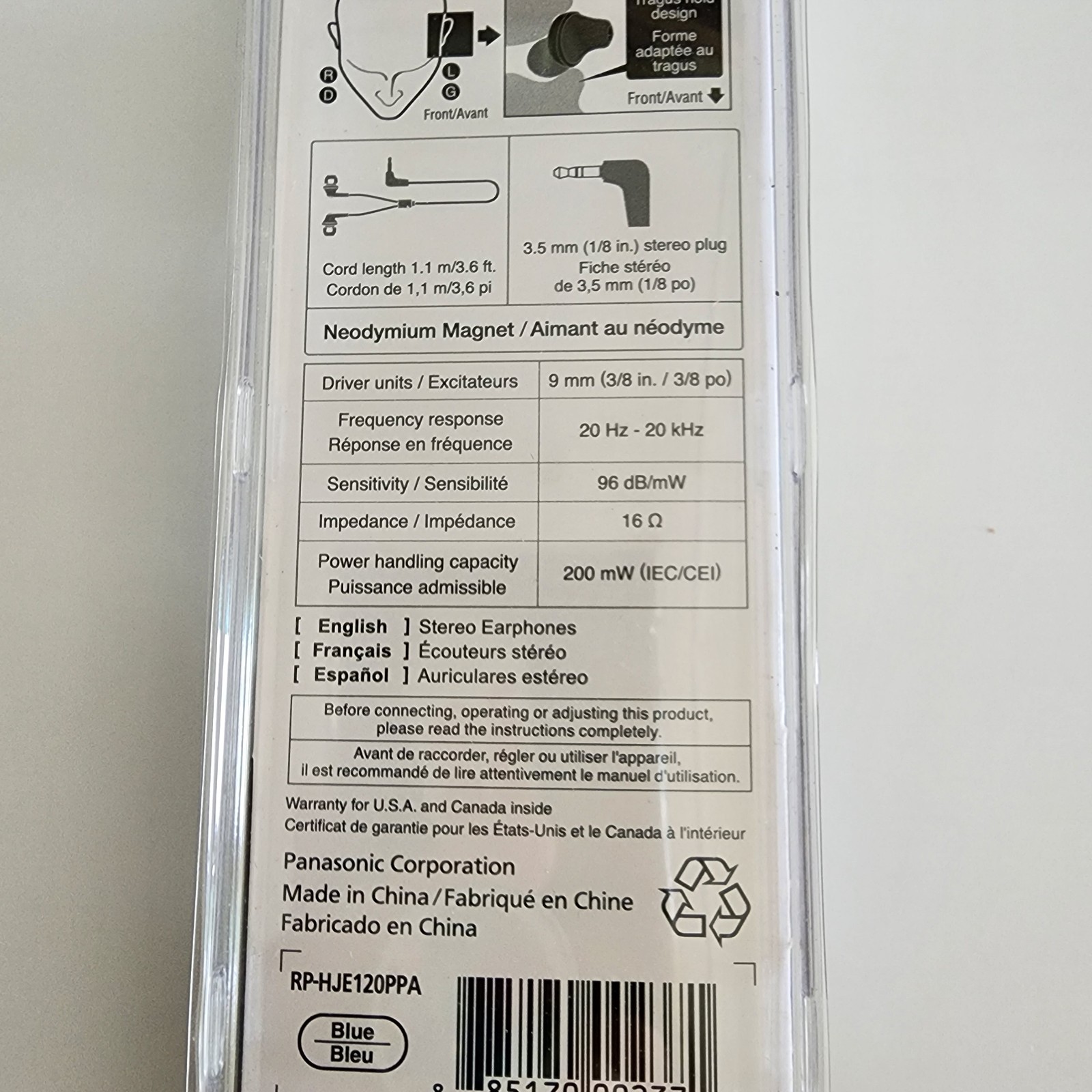 Panasonic RP-HJE120 Ergofit Ergonomic Hold Design Stereo Earphones Blue NEW