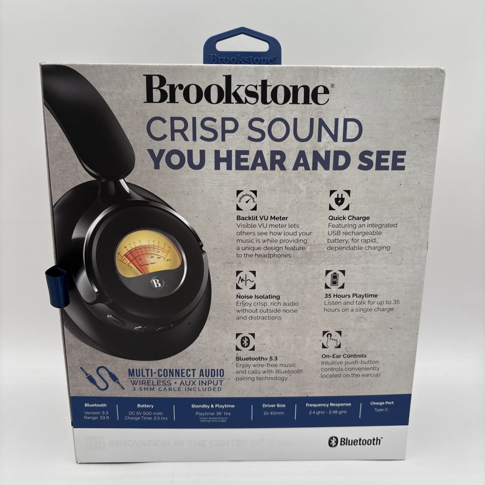 Brookstone Acoustic Pro Wireless Metered Headphones 35 Hours Bluetooth NEW