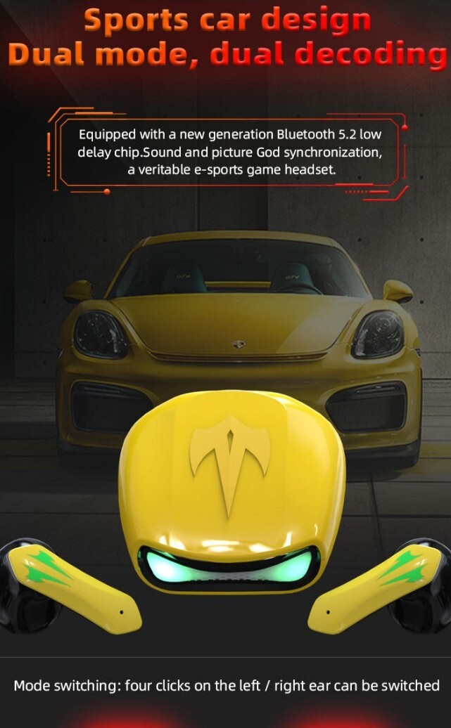 TWS Gaming & Music Earbuds BT 5.2/X16S Waterproof/Wireless Charging/Yellow