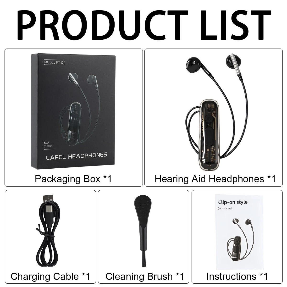Voice Amplification Bluetooth Earpiece 48dB Gain 8 Volume 20H Battery Clip FT-10