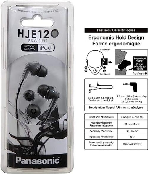 Panasonic ErgoFit Wired Earbuds, In-Ear Headphones with Dynamic Black No Mic