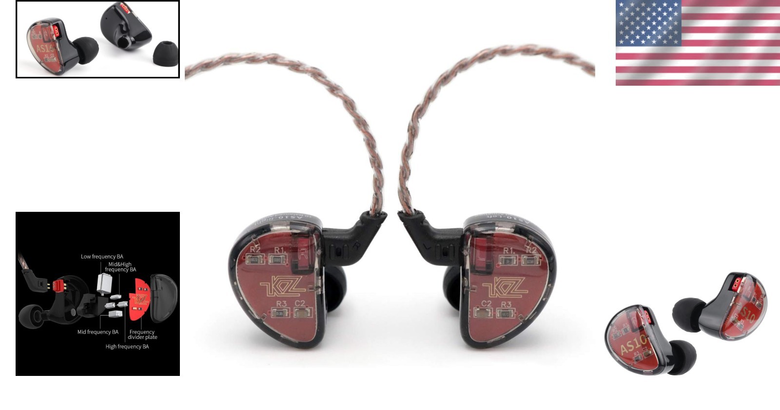 KZ AS10 5BA HiFi Earphones, 5 Balanced Armature Drivers, Detachable Cable, Black