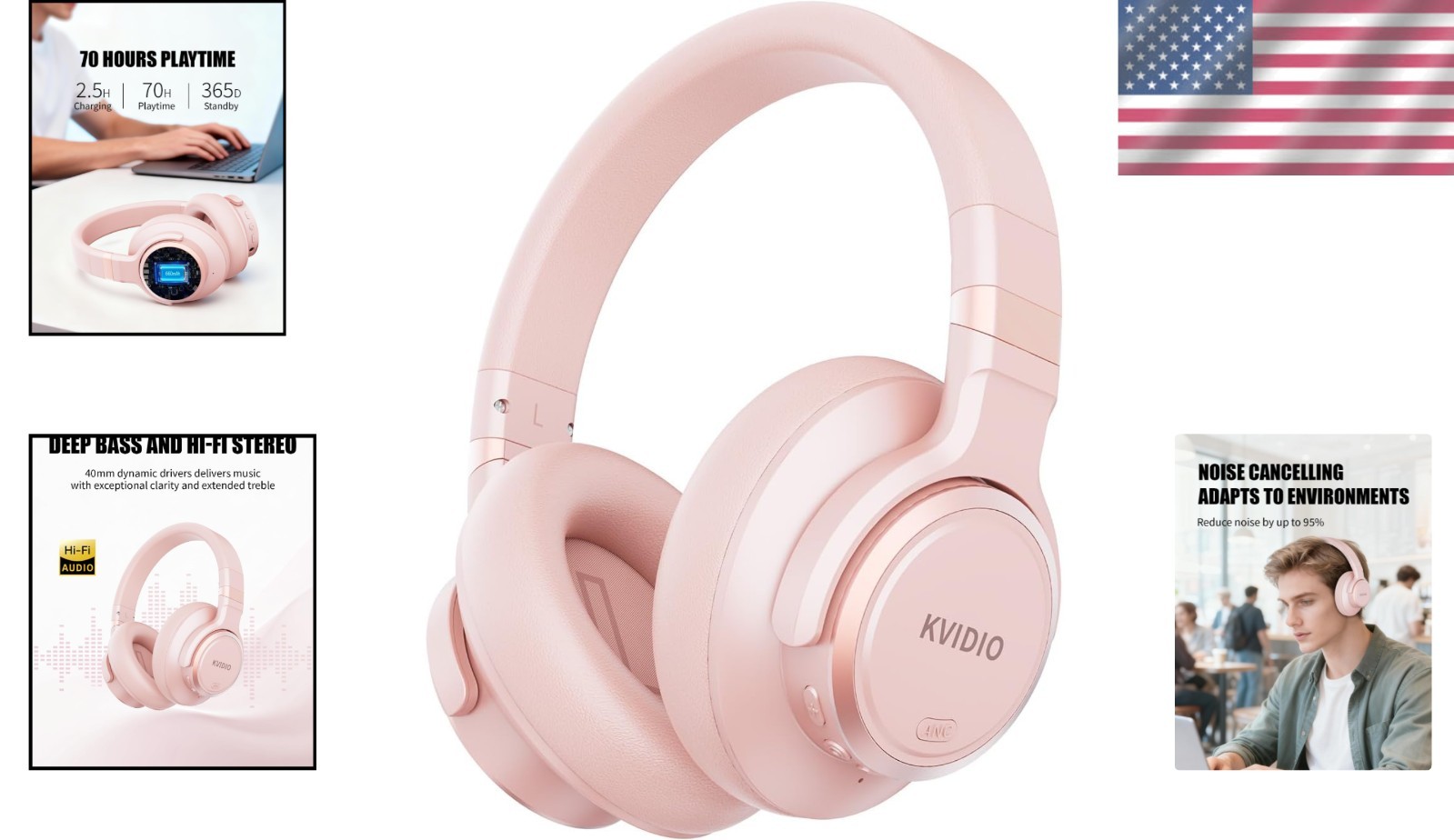 Lightweight Hybrid Noise Cancelling Headphones with Transparency Mode – Pink