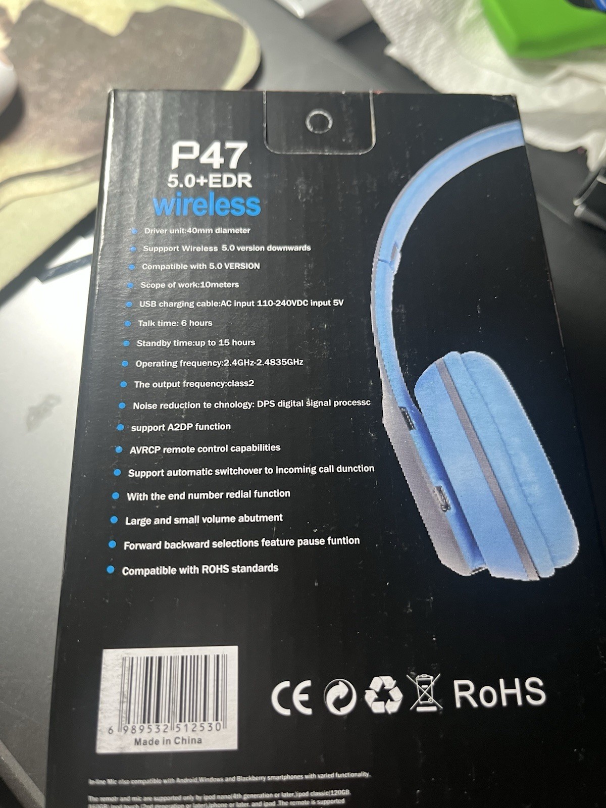 P47 5.0+EDR Bluetooth Wireless On-Ear Headphones Blue 40mm FM MP3