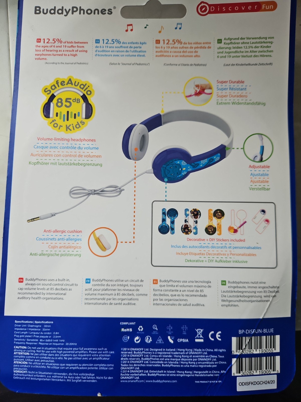 BuddyPhones DiscoverFun Wired Kids Headphones – Blue, Safe Audio, 3.5mm – NEW