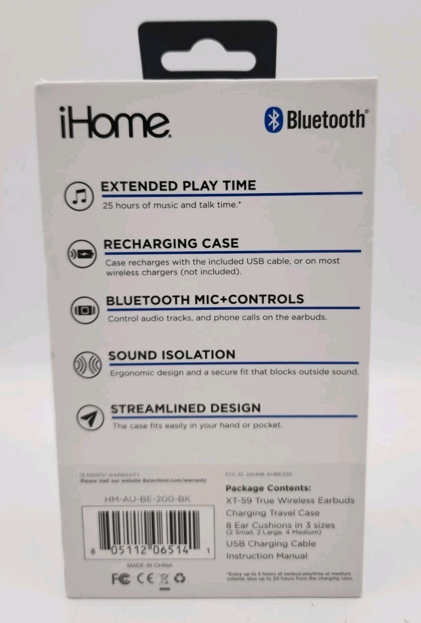 IHome Black XT-59 True Wireless Earbuds, Charging Travel Case