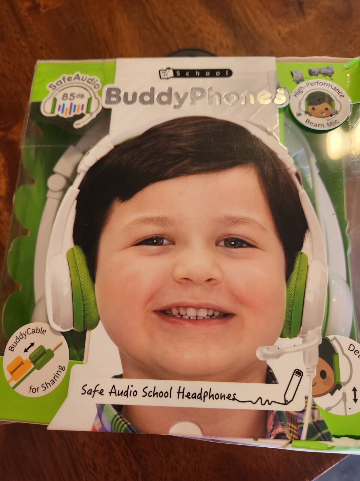 Buddy Phones Safe Audio 🎧 For Kids 85db. Green & White School Headphones