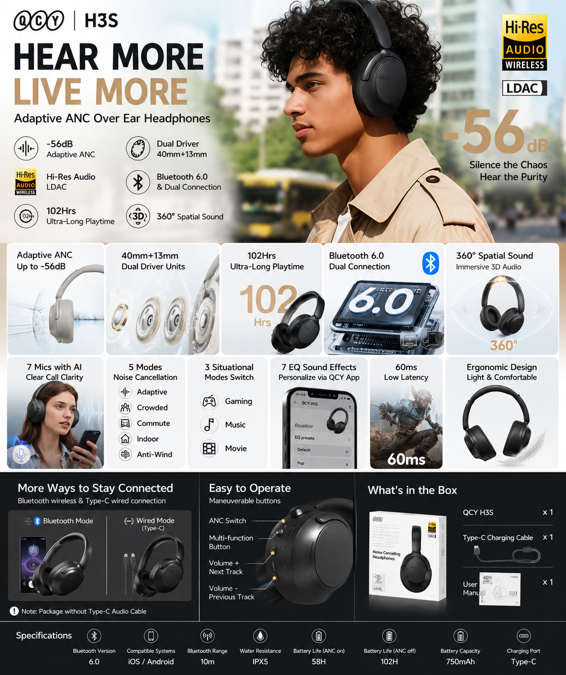 QCY H3S ANC Bluetooth 6.0 Headphones Hi-Res LDAC 102H Wireless Headset