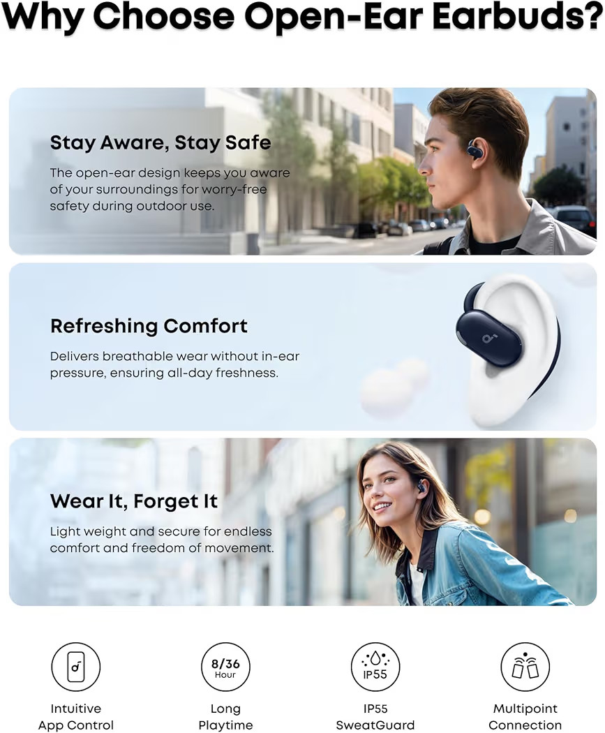 soundcore V20i by Anker Open-Ear Headphones, Adjustable Ear Hooks, Ultra-Comfort