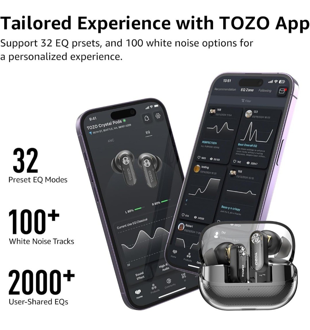 Black Crystal Pods Hybrid Active Noise Cancelling Wireless Earbuds TOZO 10mm Dri