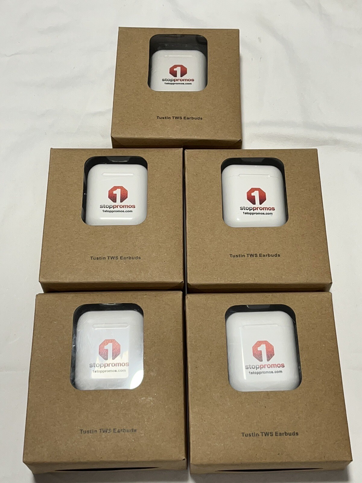Lot Of 5 New Tustin TWS Earbuds. SKU:EP42. 350mAh/3.7V. DC5V/1A. 0.5W. White