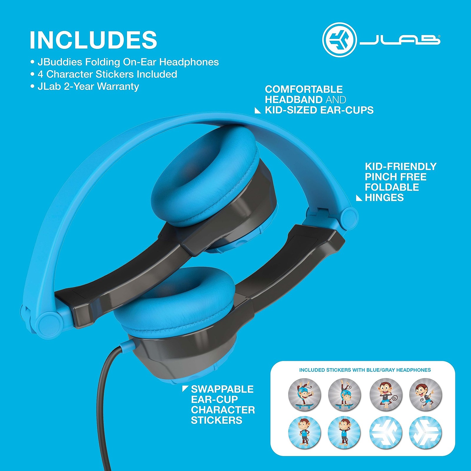JLab JBuddies Folding Kids Headphones Volume Limiting Noise Isolation Gray/Blue