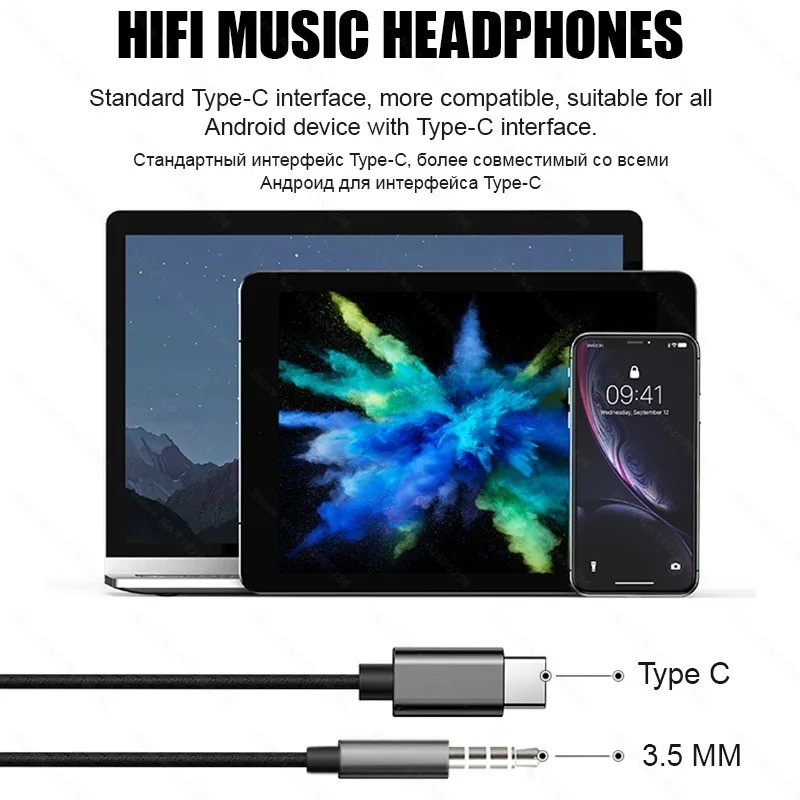 USB C Wired Earphones Stereo Headphones with Mic for Type C Devices Universal