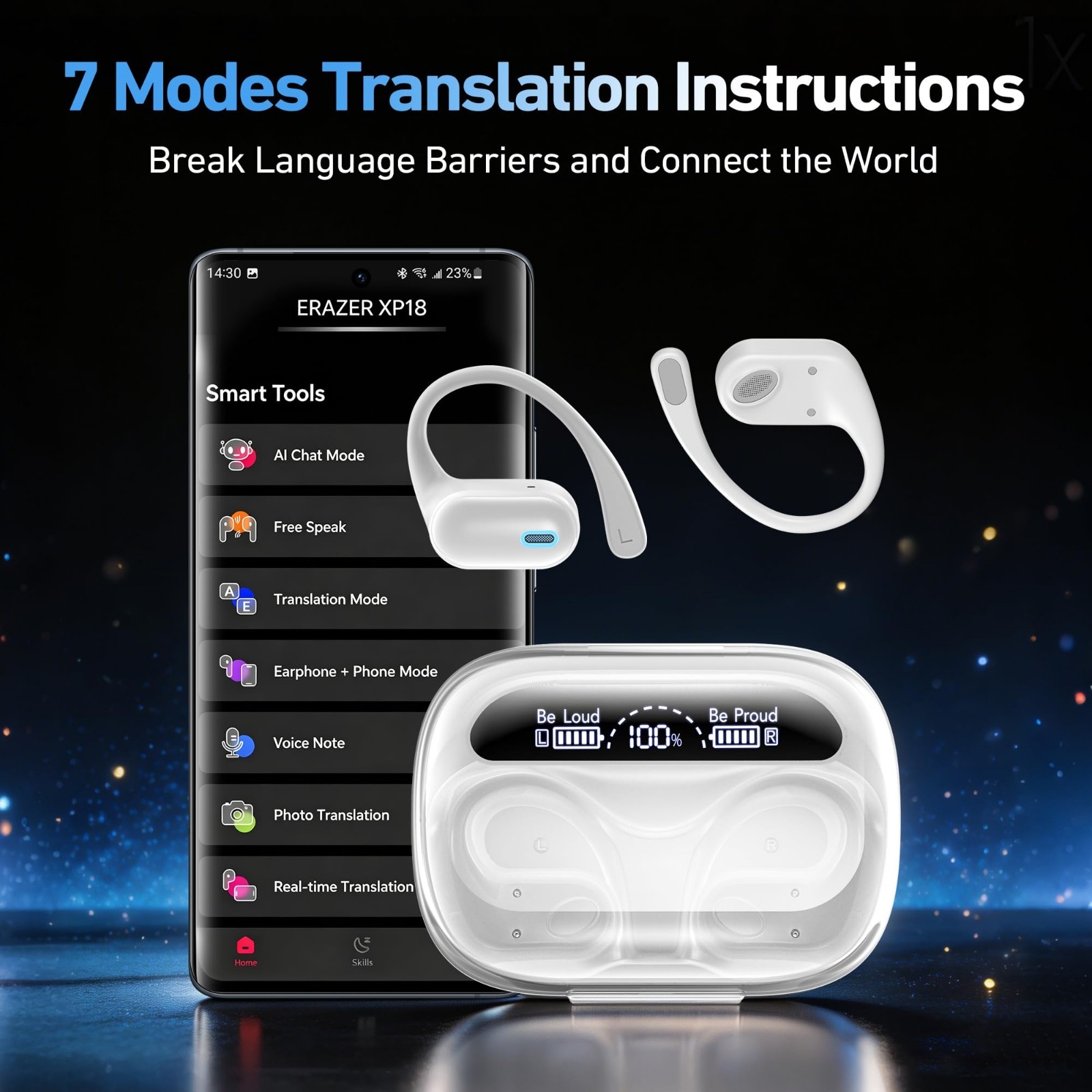 Open Ear AI Translation Earbuds Bluetooth 6.0 LED Display 60H Playtime
