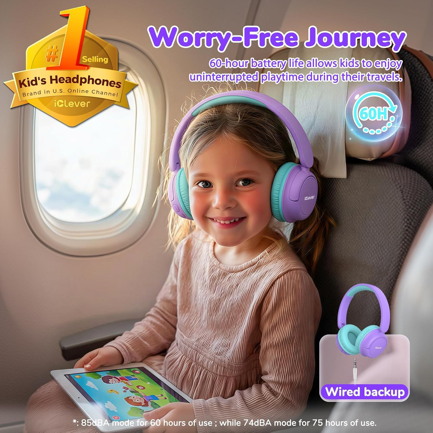 iClever BTH22 Kids Bluetooth Headphones, 60H Play Time, USB C Fast Charging, Blu