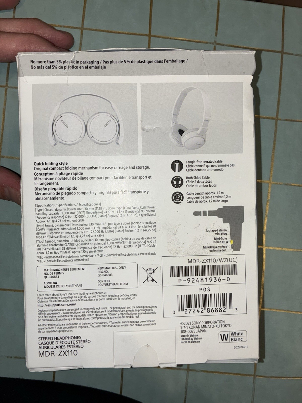 Sony MDR-ZX110 Headband Headphones White, 30mm Driver, 1.2m Cable, 3.5mm Jack