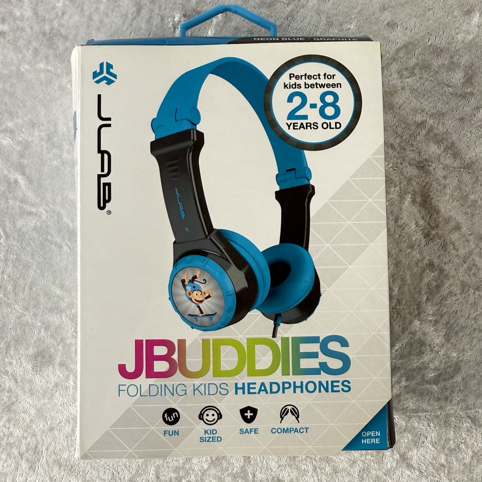 JLAB Audio JBuddies Folding Kids Headphones – Ages 2-8 Years, Blue/Gray – New