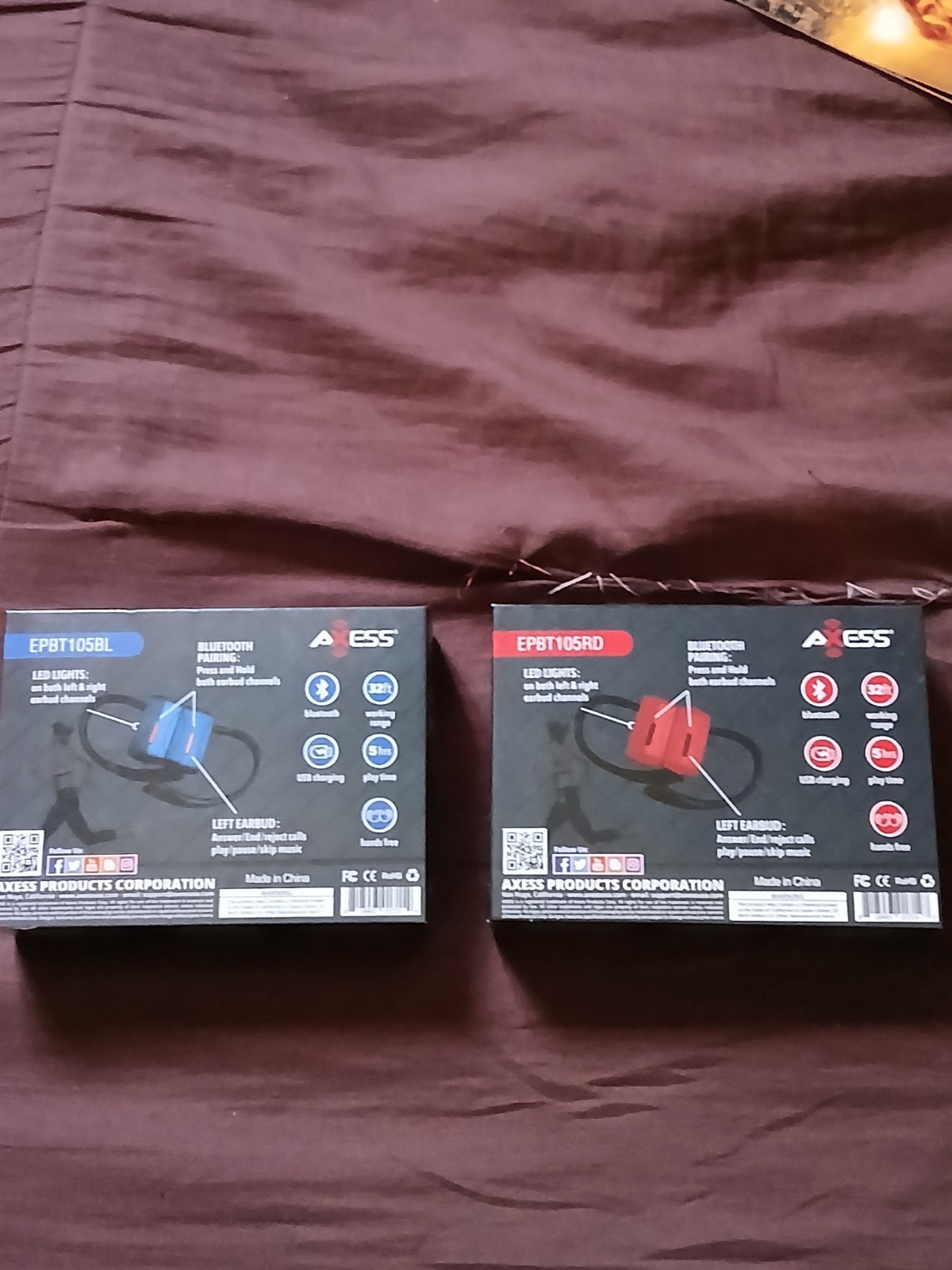 AXESS EPBT105 True Wireless Bluetooth Ear-Hook Earbuds w/ Mic Lot of 2 Blue/Red