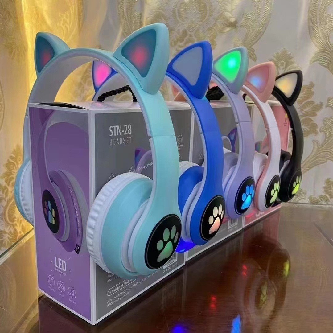 Kids Wireless Bluetooth Cat Ear Headphones LED Light Over Ear Headset