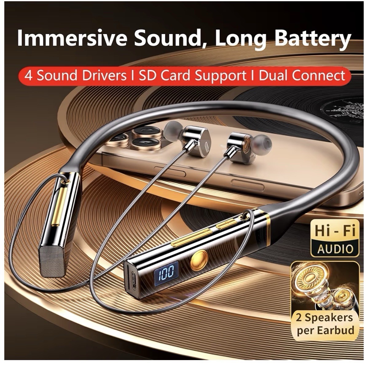Bluetooth 5.4 Neckband Wireless Earbuds 100H Battery In-Ear Headset
