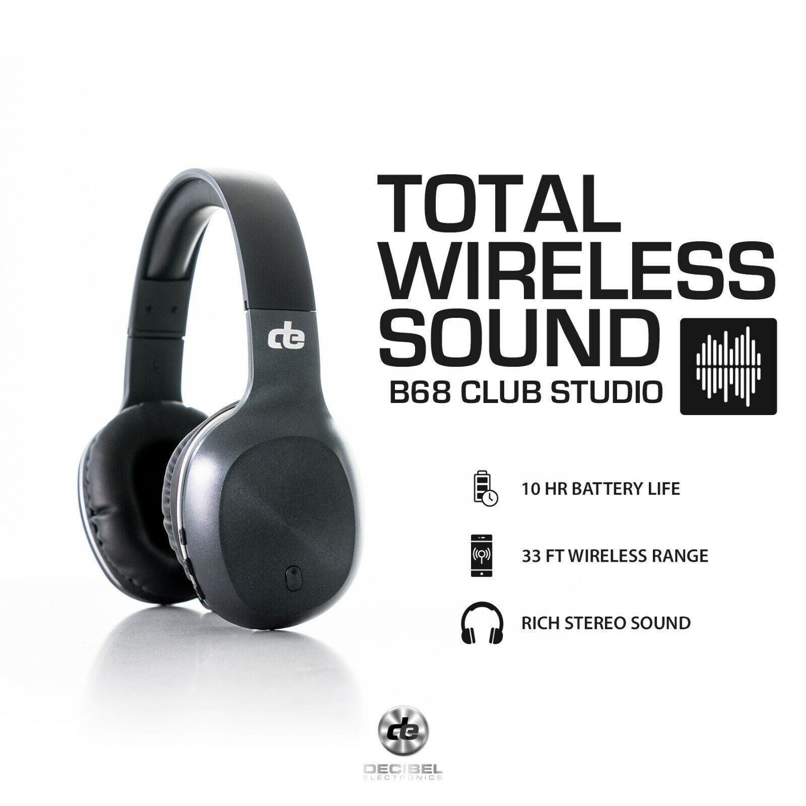 DE Headphones – Decibel B68 Bluetooth Over Ear Headphones Club Studio – Black