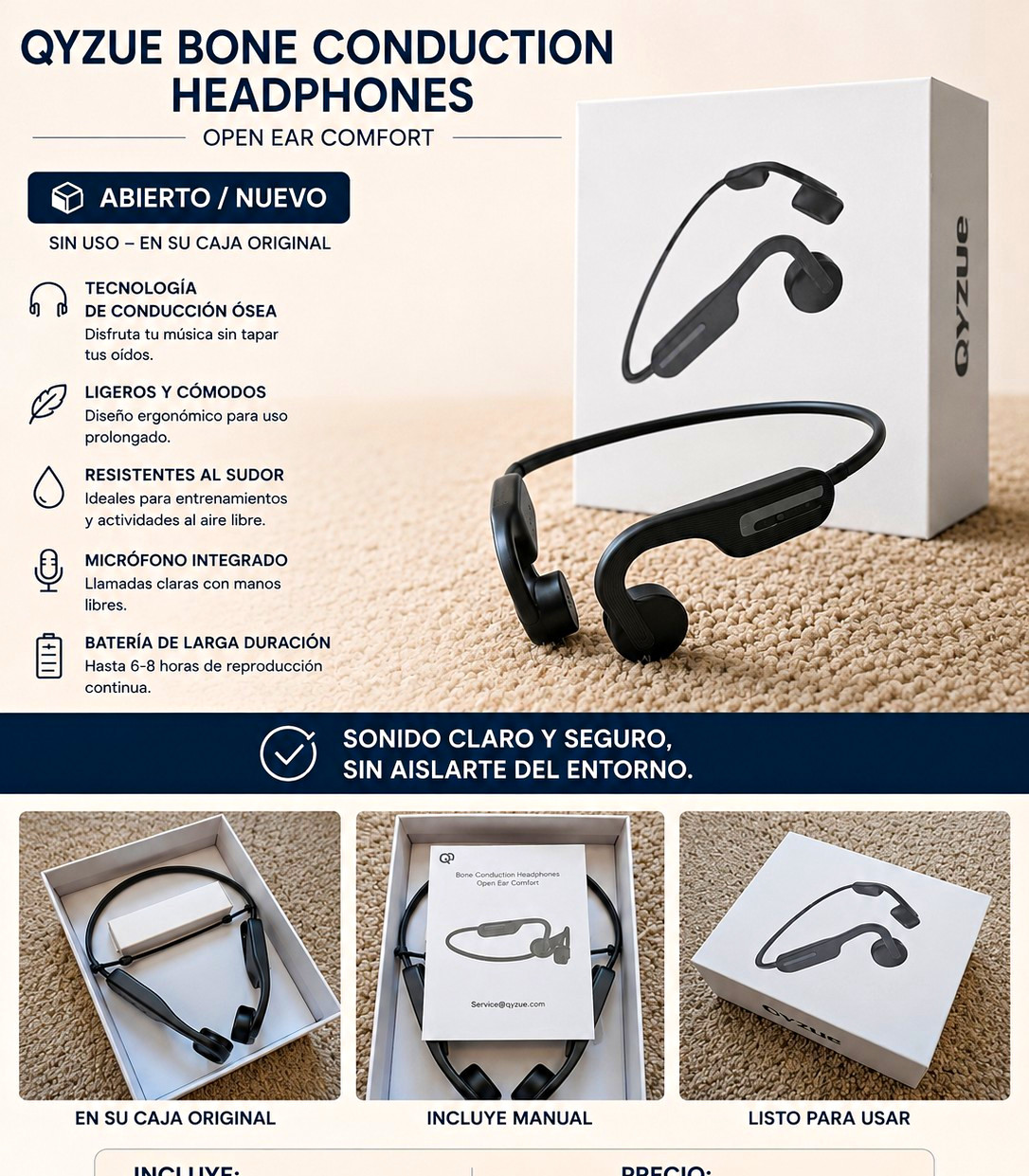 QYZUE Bone Conduction Open-Ear Bluetooth Neckband Headphones Mic Black