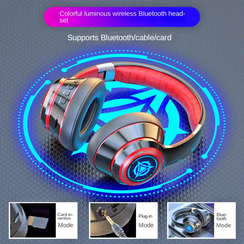 LED Wireless Bluetooth 5.2 Headphones Over-Ear TF Card RGB Wired Plug Headset