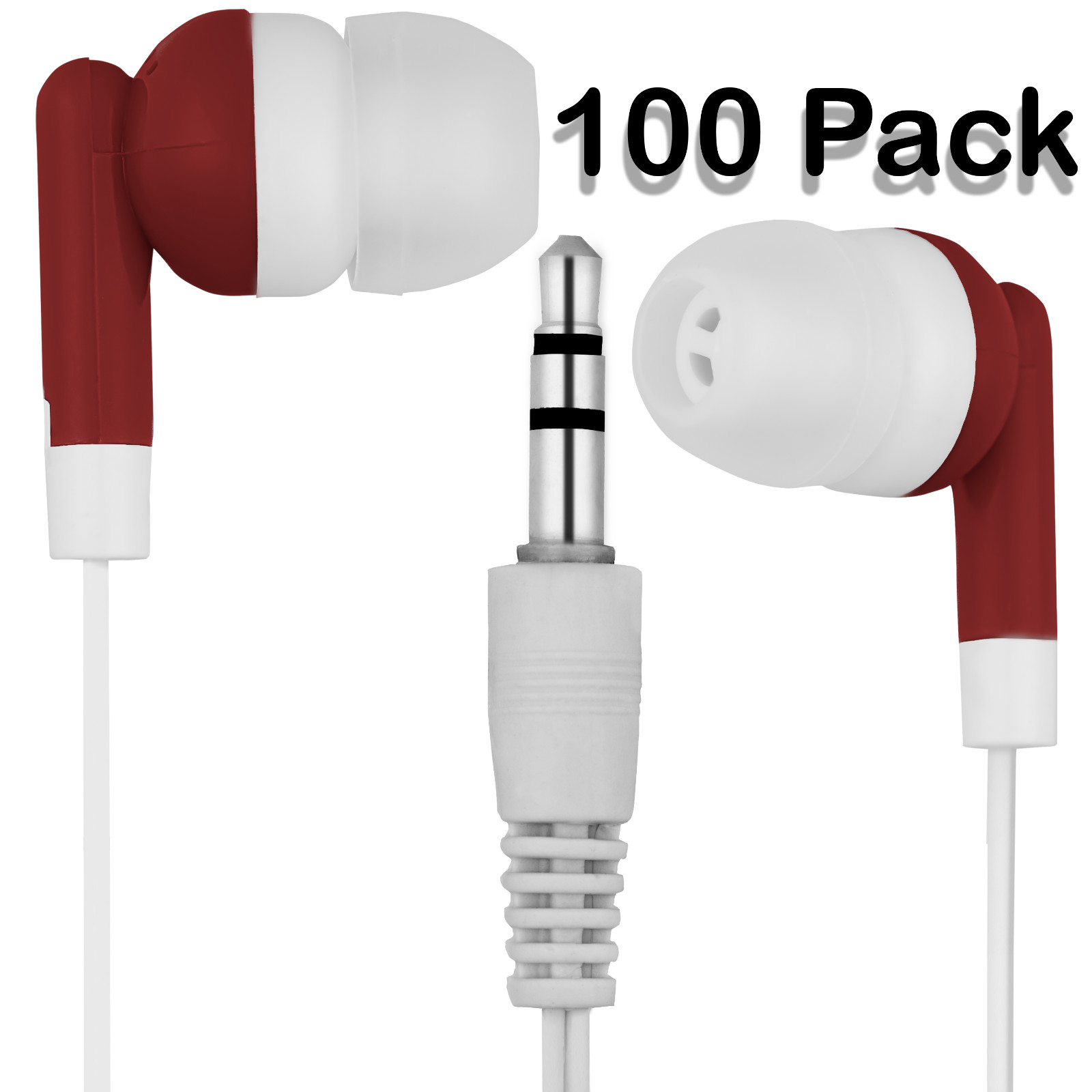 Pack of 100 Red/White Classroom Headphones / Earbuds – Individually Bagged