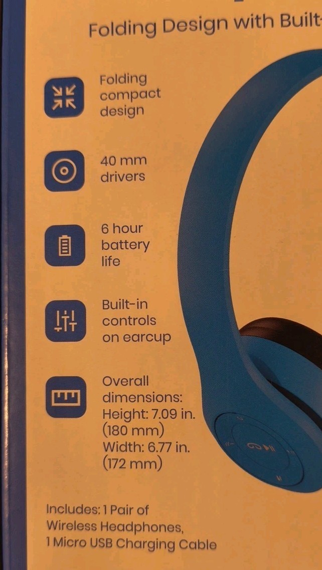 GEMS Wireless Headphones Folding Compact Design, 6hr Battery, Blue, Micro USB