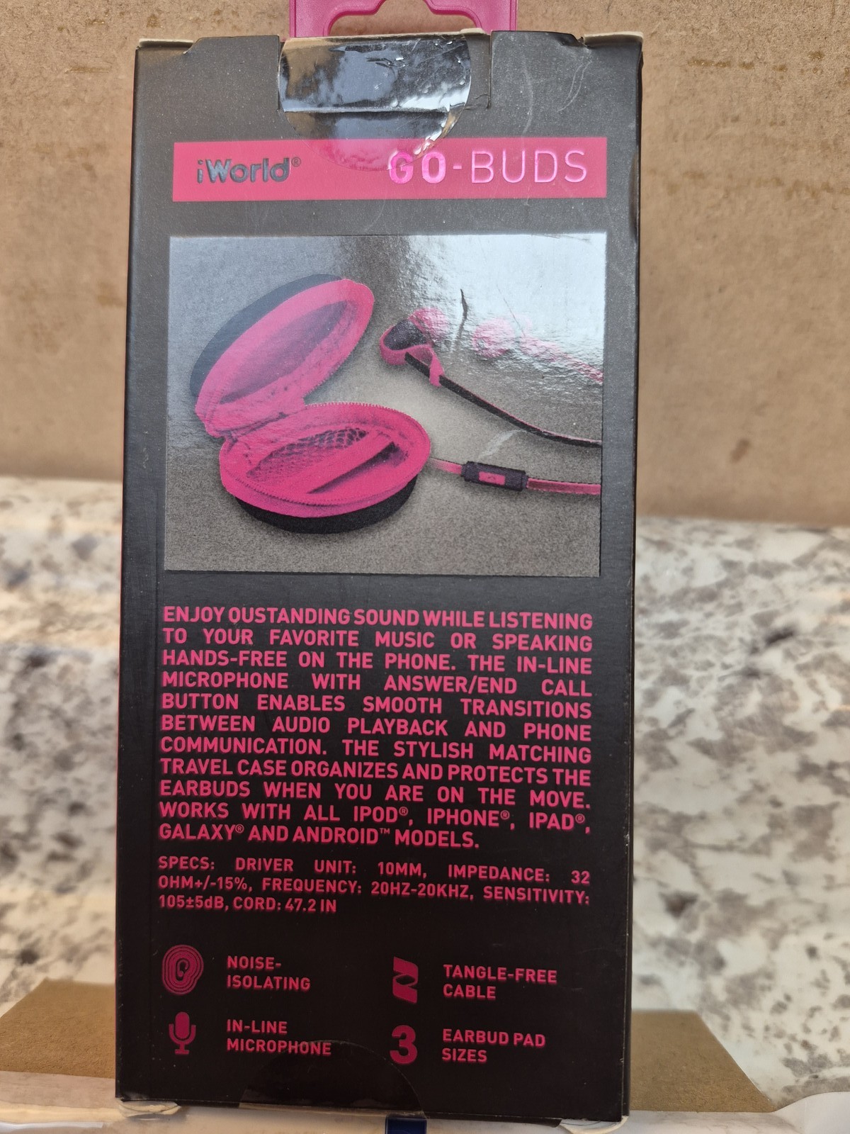 iWorld GO-BUDS In-Ear Wired Headphones with Mic & Travel Case – Pink/Black NEW